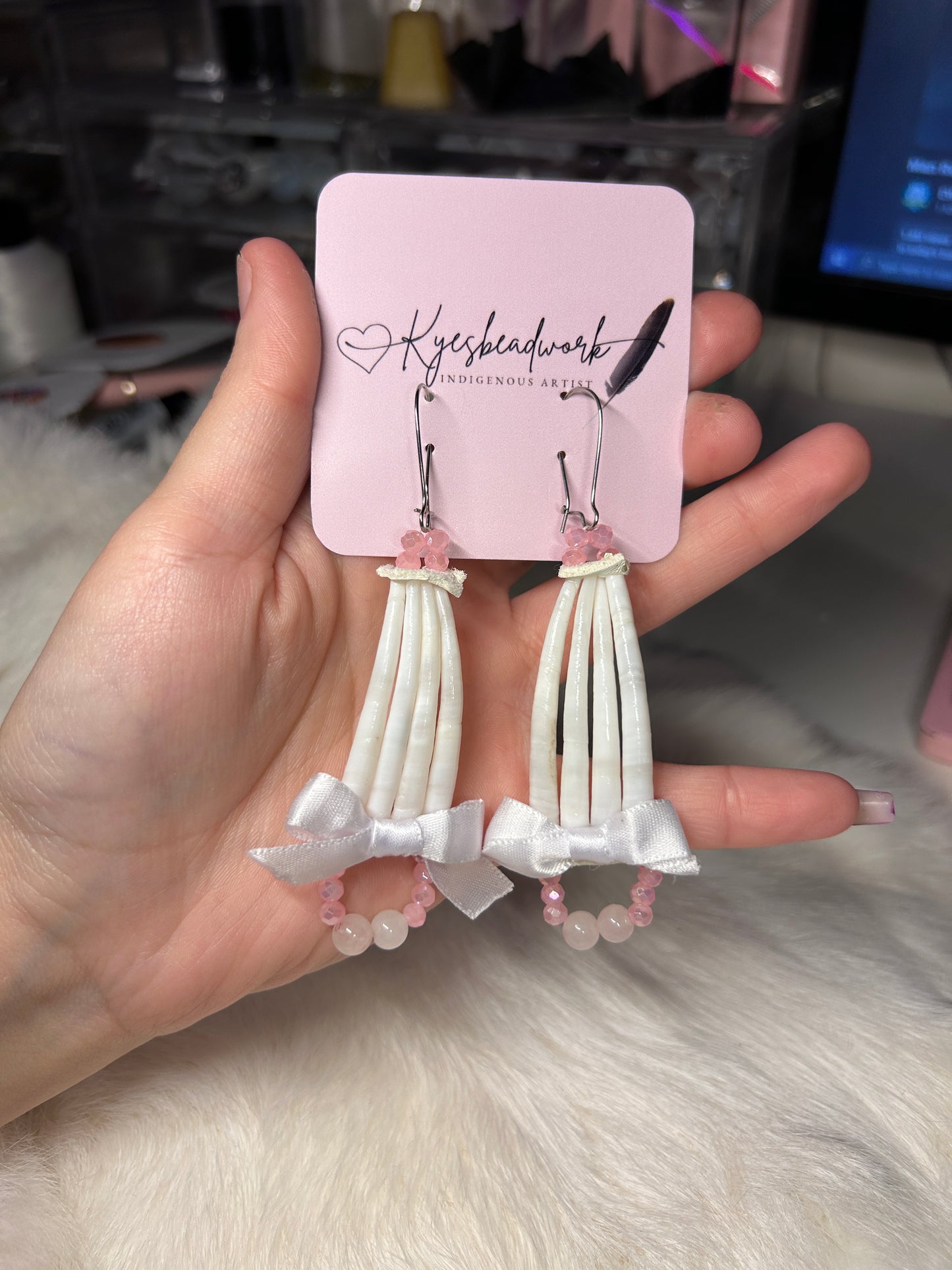 Pink Smooth Dentalium Drops With Bows