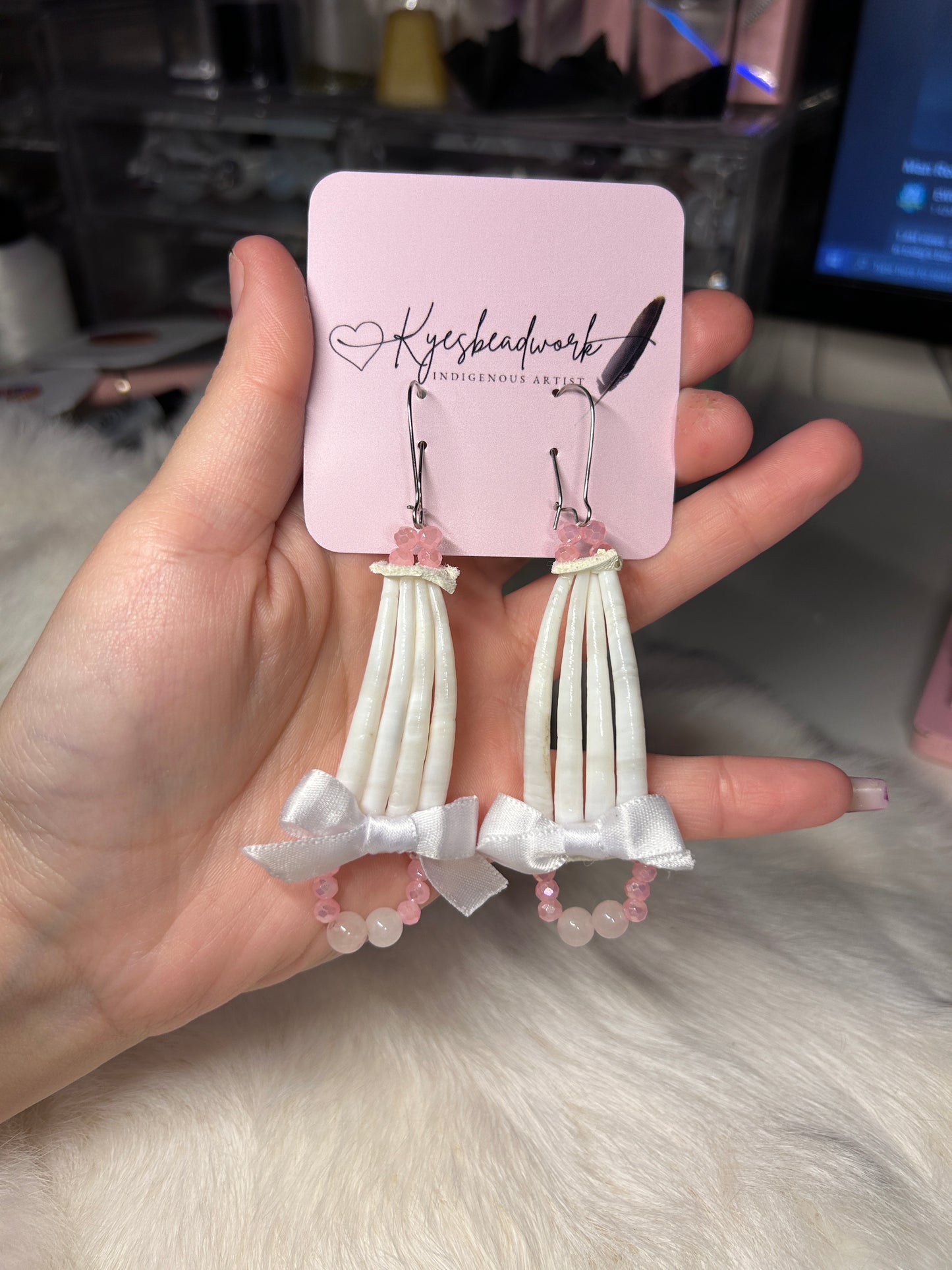 Pink Smooth Dentalium Drops With Bows