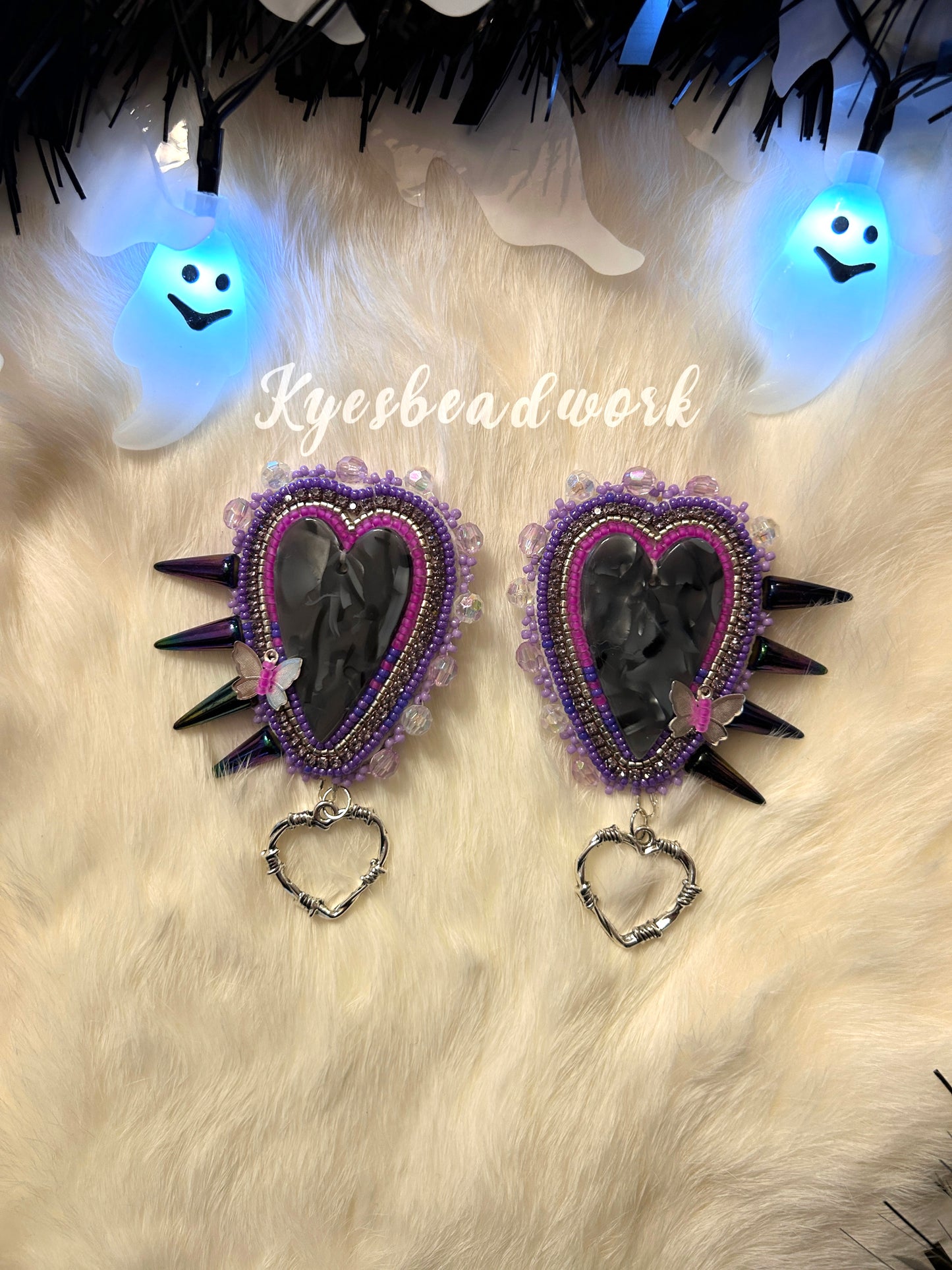 Black & Purple Marble Heart Spiked Earrings