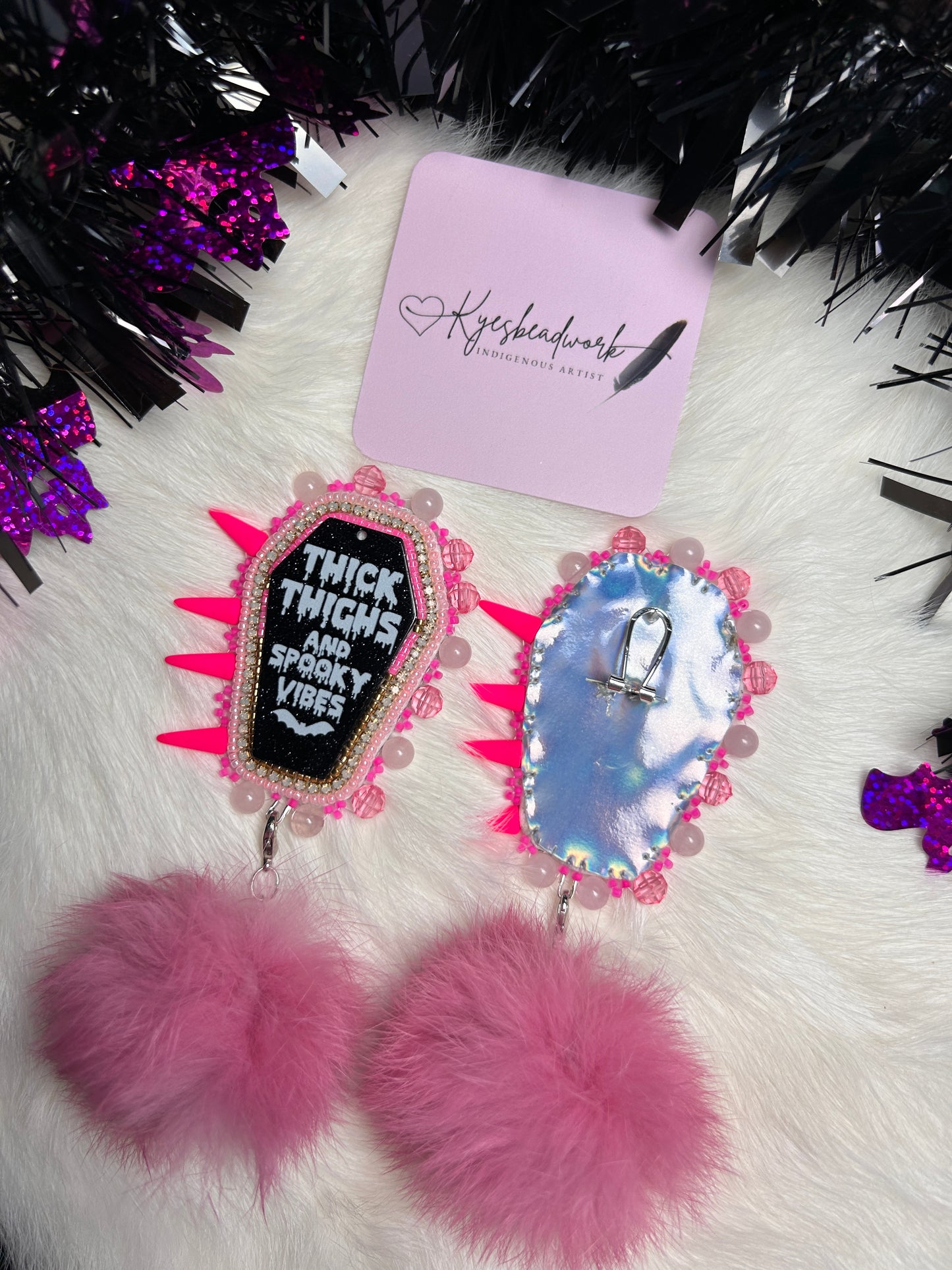 Pink Coffin Earrings With Poms