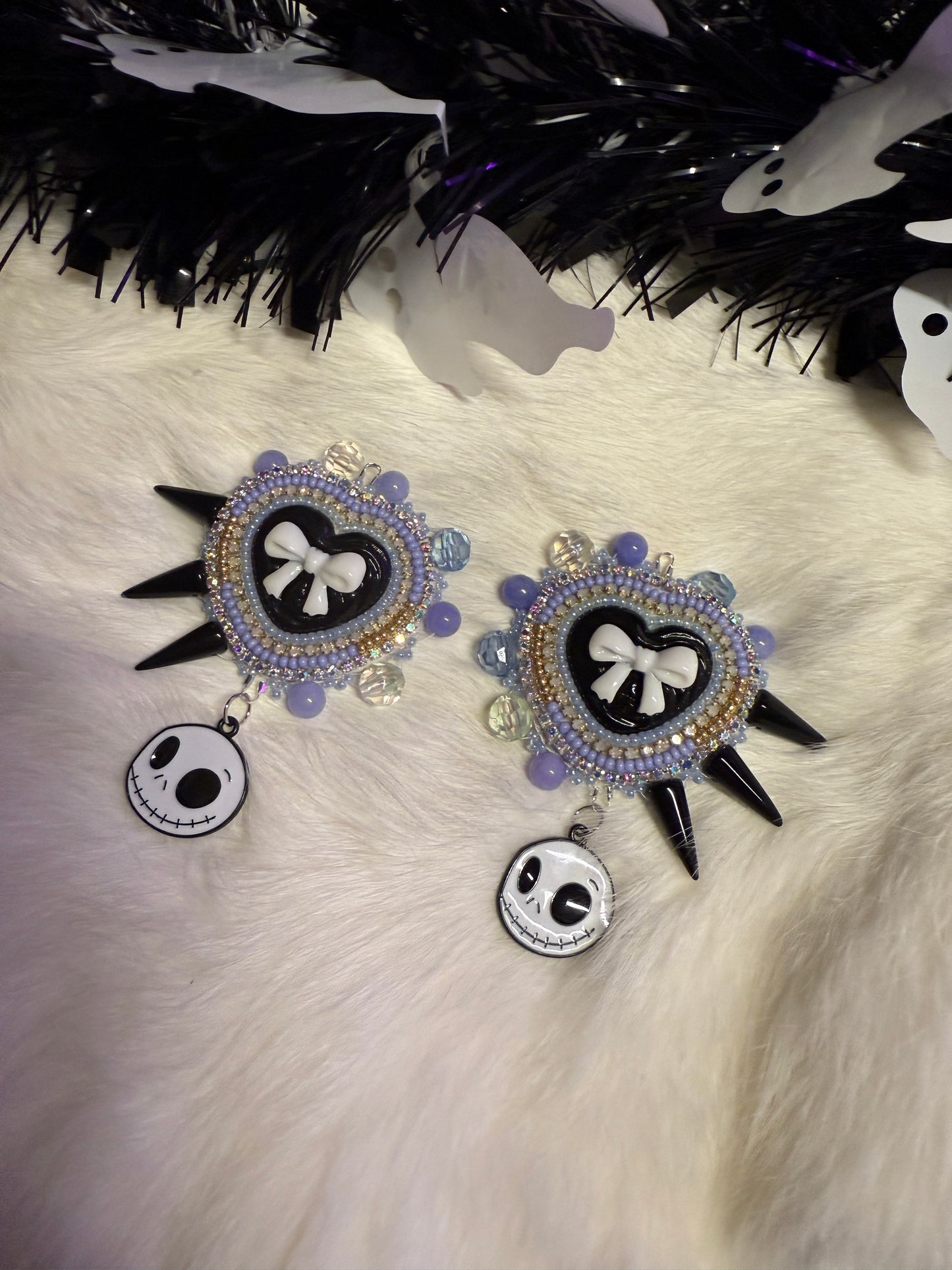 Blue Bow Earrings With Jack Skeleton Charms