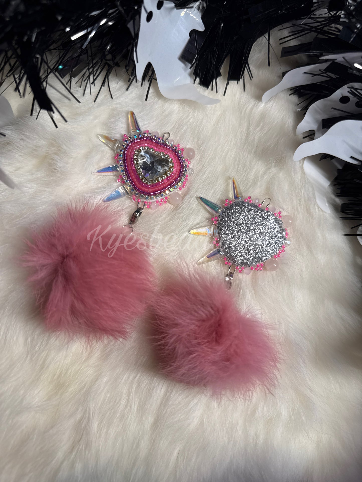Spiked Hearts With Rabbit Fur Poms