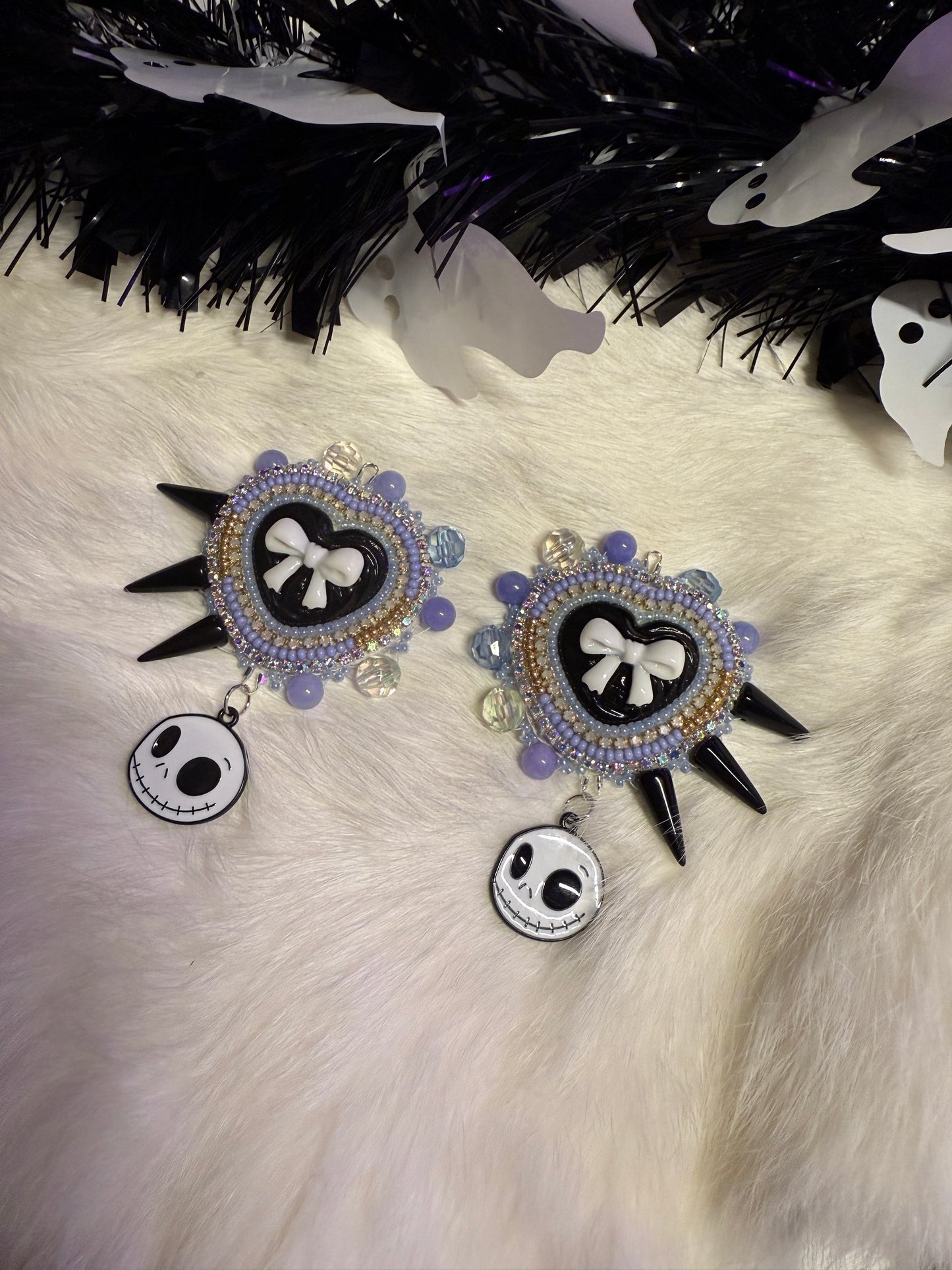 Blue Bow Earrings With Jack Skeleton Charms
