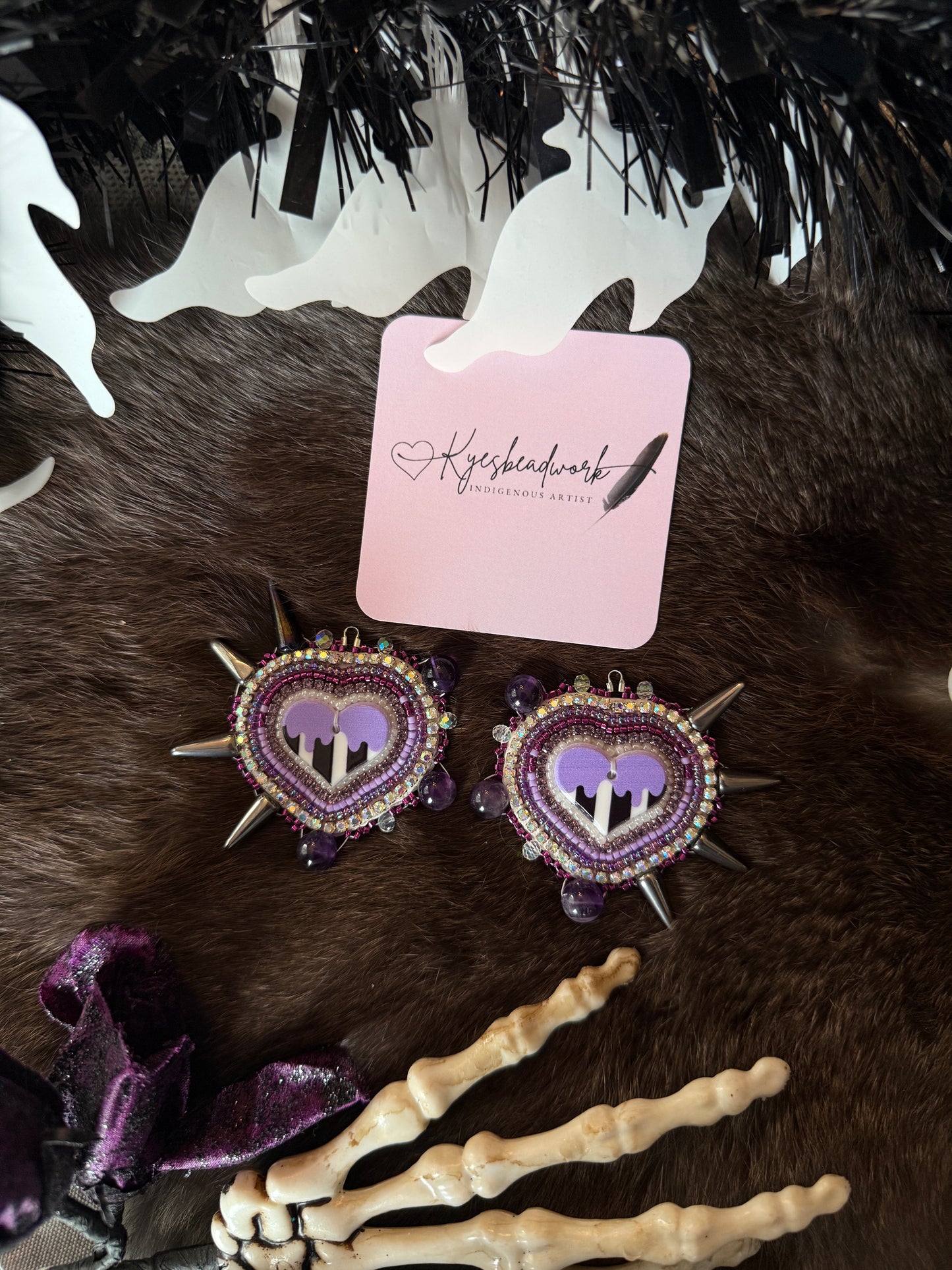 Purple Spooky Slime Heart Beaded Earrings