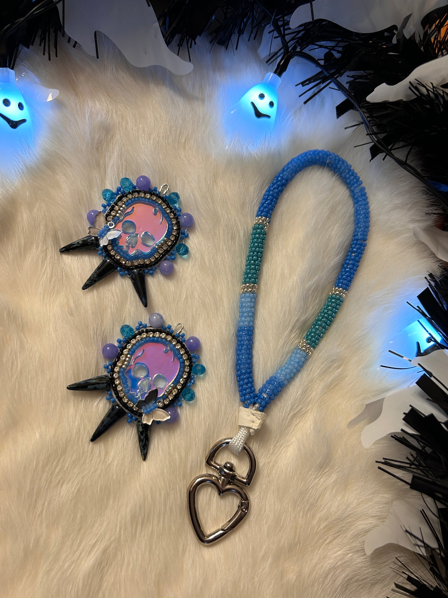 Skull Spikes Earrings & Lanyard Set