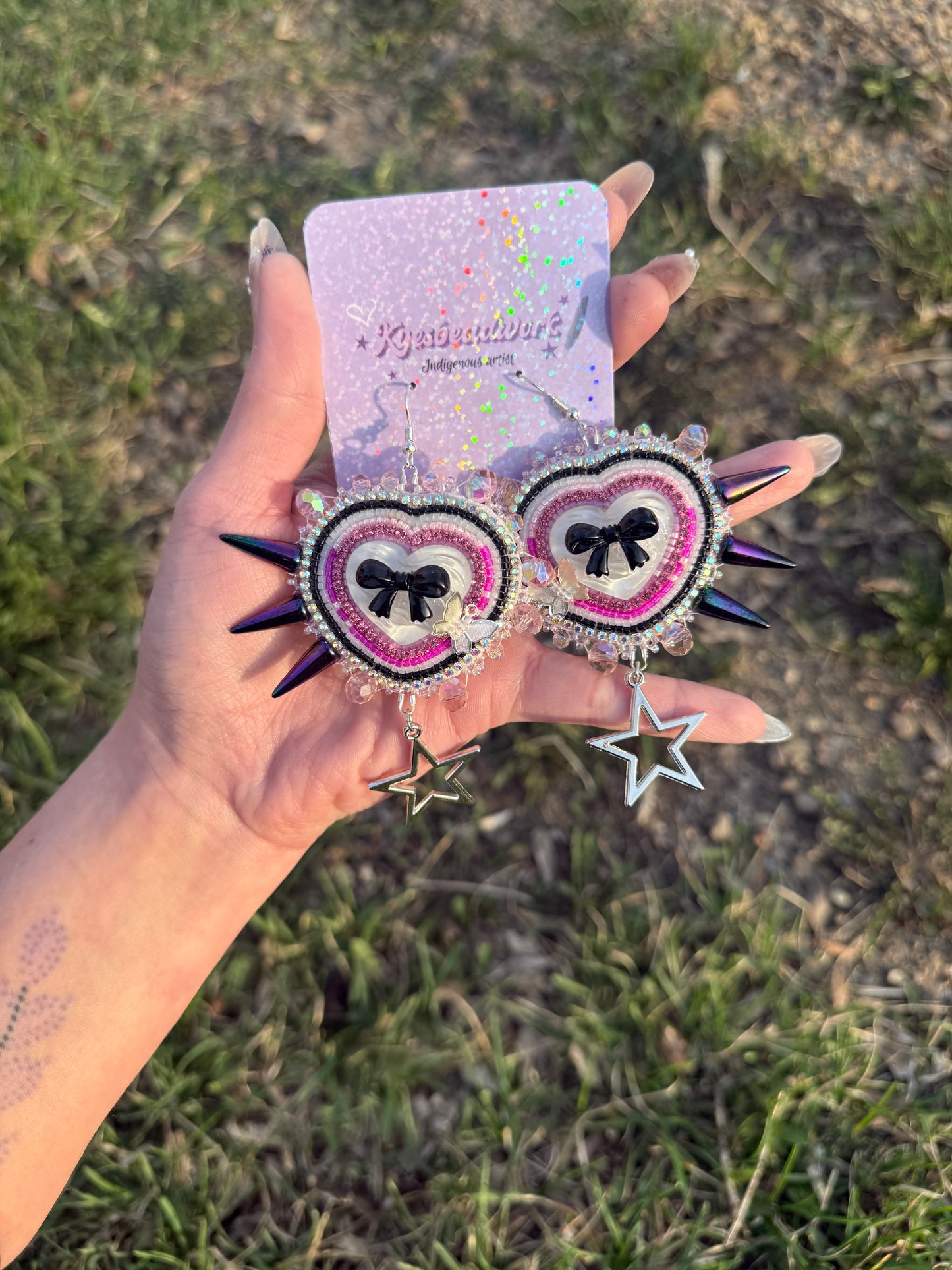 Heart bow Spiked Earrings With Star Charms