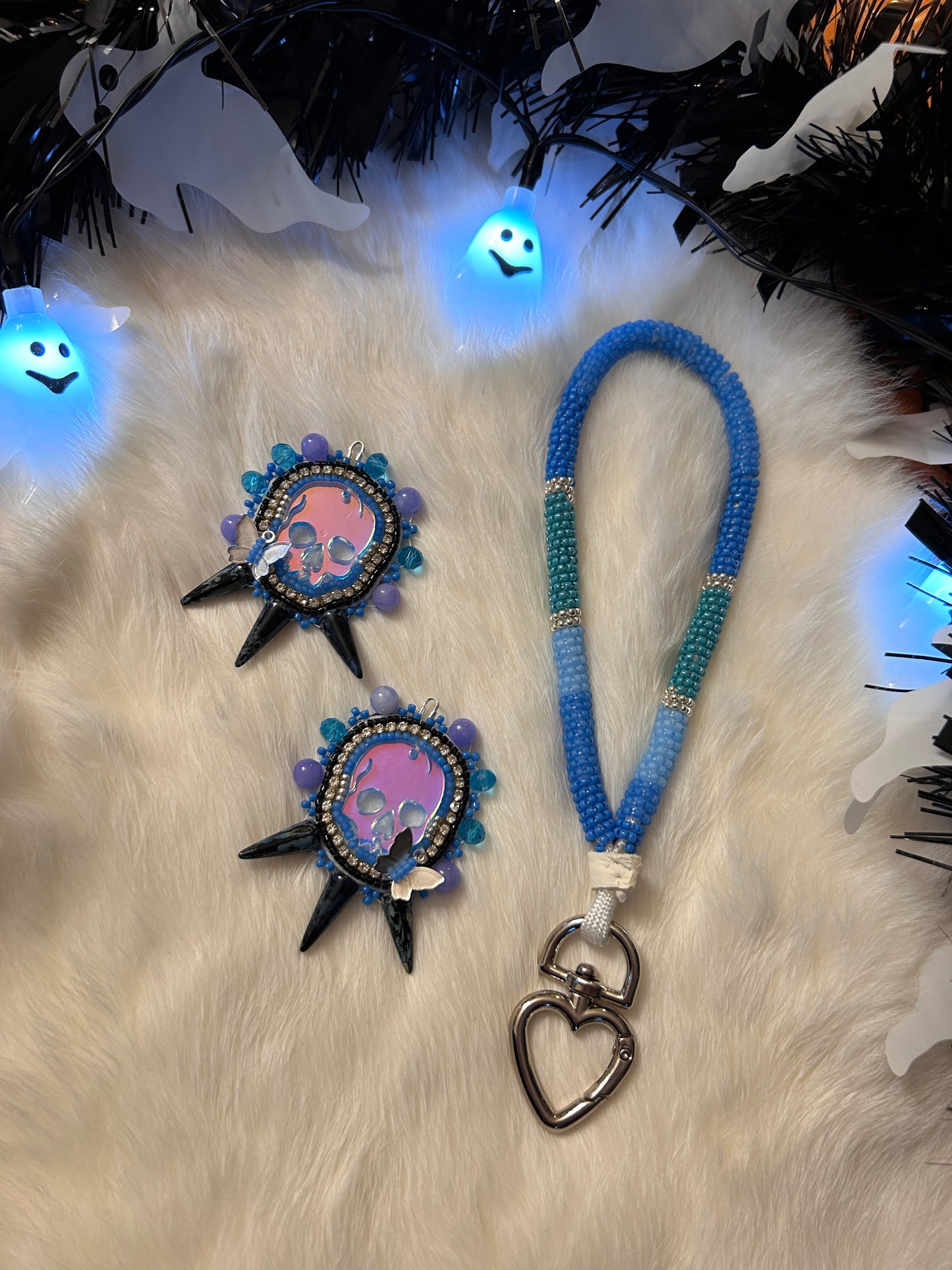 Skull Spikes Earrings & Lanyard Set