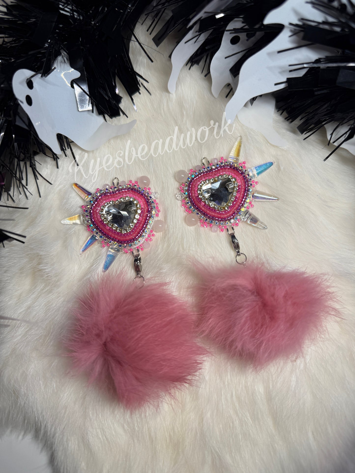 Spiked Hearts With Rabbit Fur Poms