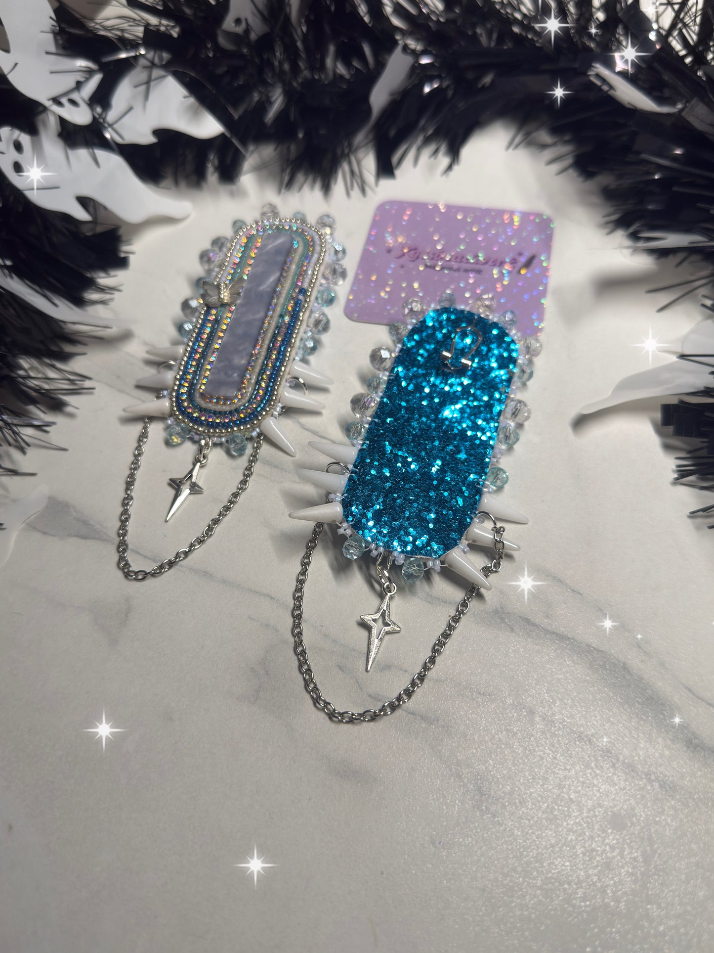 Icy Blue Spiked Earrings With Chains & Stars 🩵🕷️
