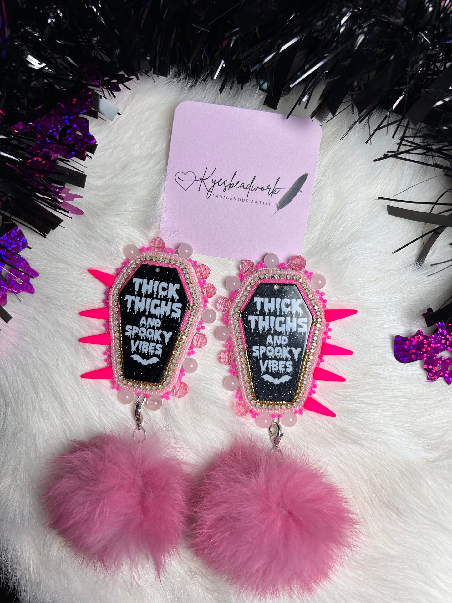 Pink Coffin Earrings With Poms