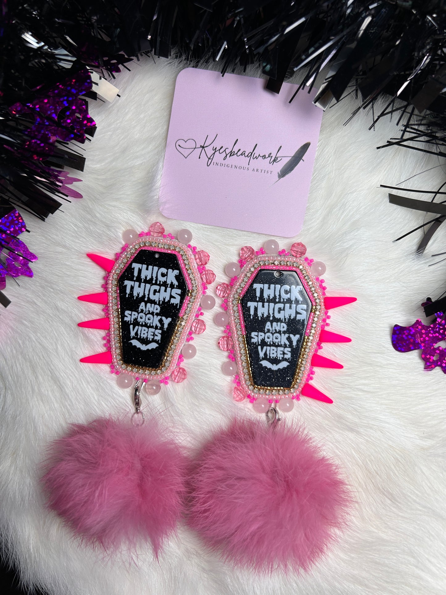 Pink Coffin Earrings With Poms
