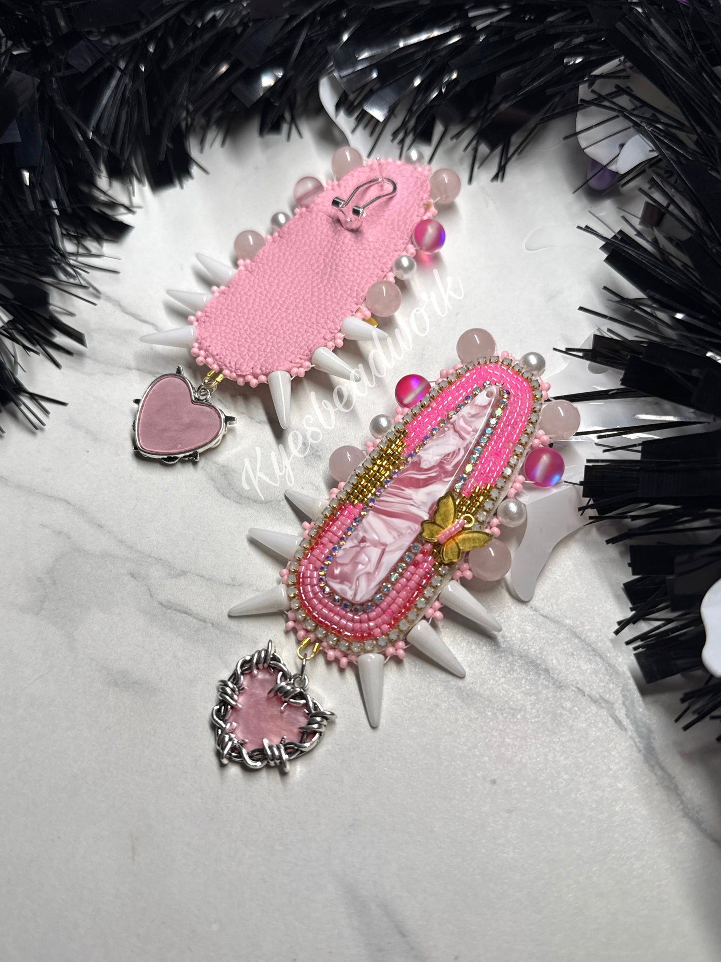 Marble Pink Spiked Earrings with Charm Hearts