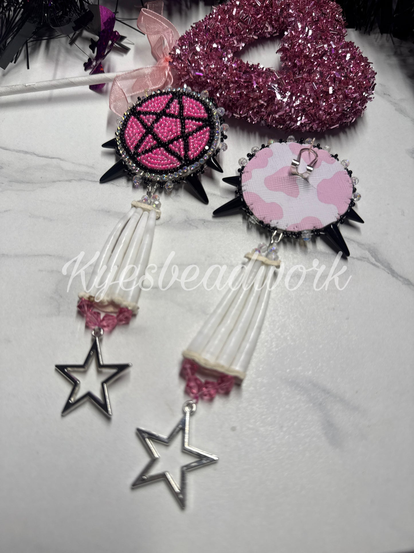 Pink Pentagon Beaded Earrings With Dentalium Drops