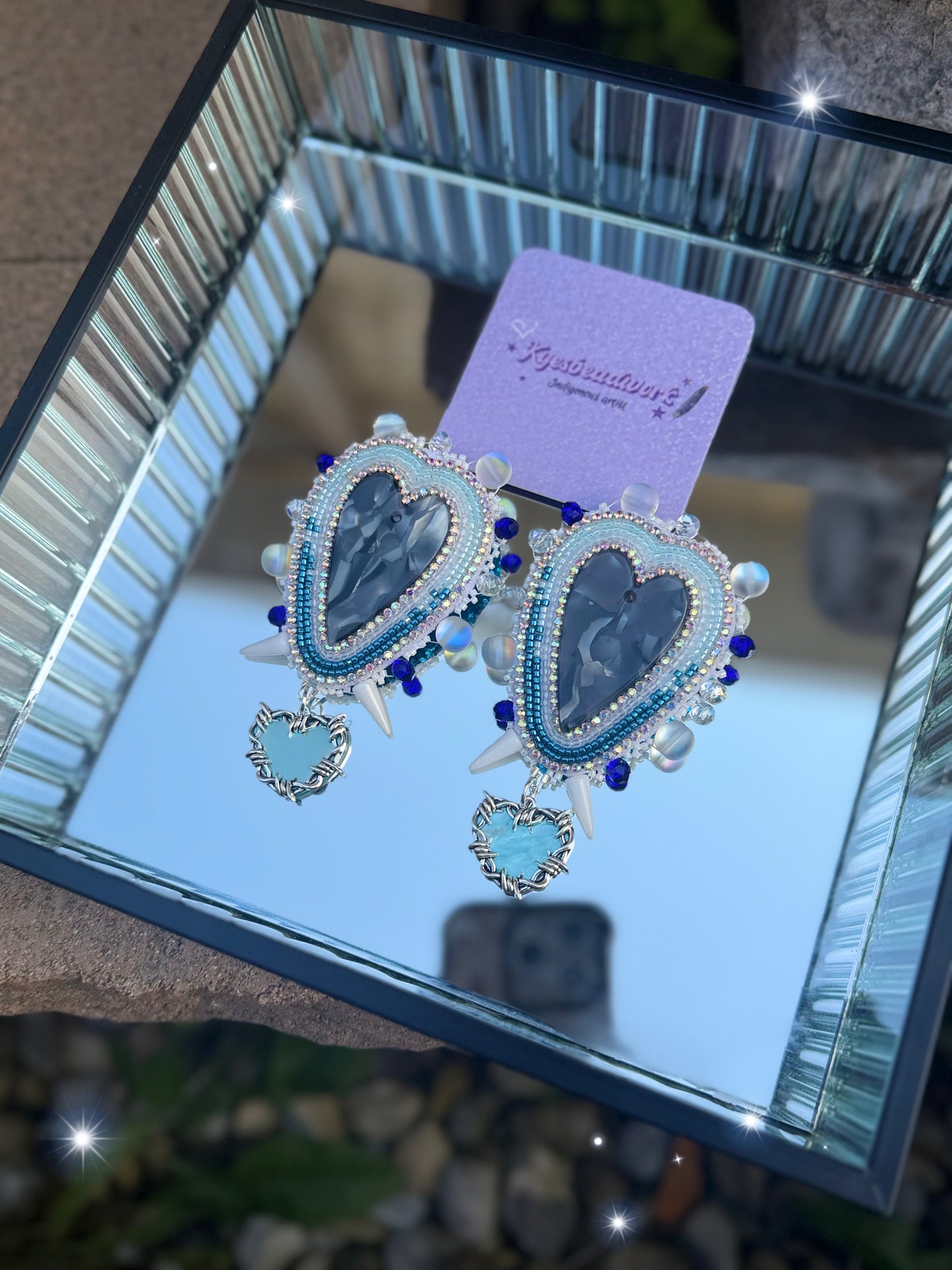 Blue Icy Marble Heart Spiked Earrings