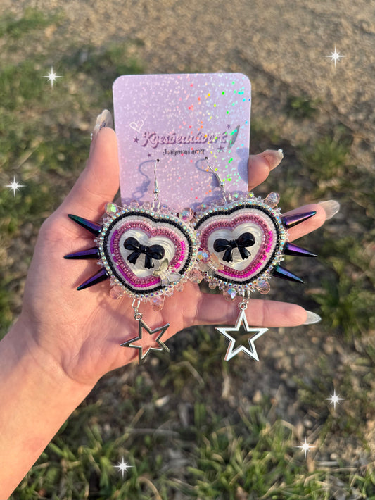 Heart bow Spiked Earrings With Star Charms