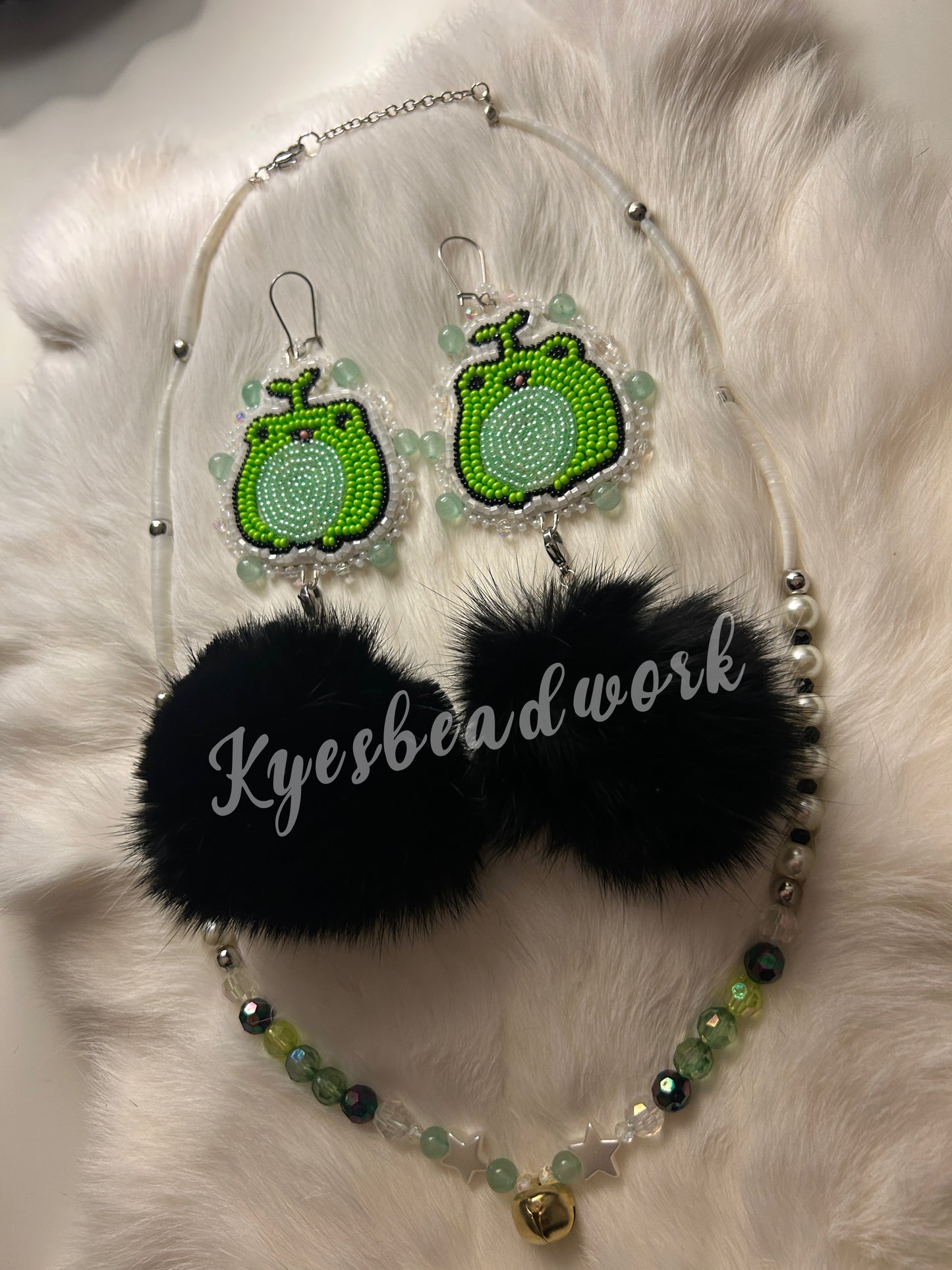 Frog Pom Earrings With Dentalium Necklace