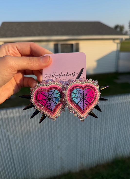 Spider Web Heart Pink Spiked Earrings