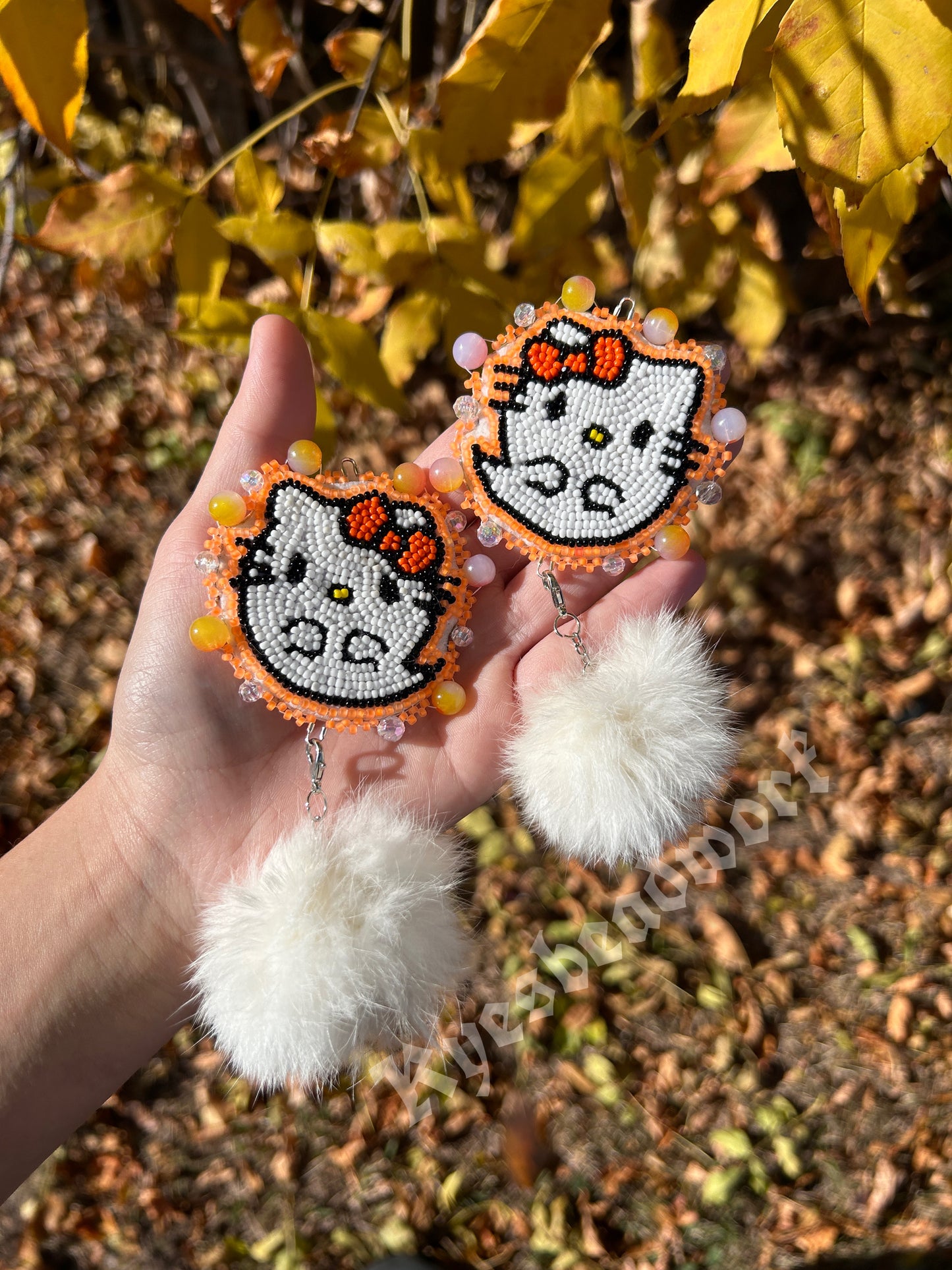 Ghost Hello Kitty Beaded Earrings With Rabbit Poms