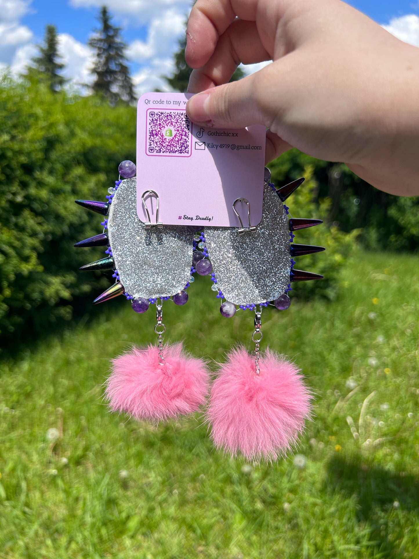 Ouija Spikes Coffin Earrings With Rabbit Fur Poms