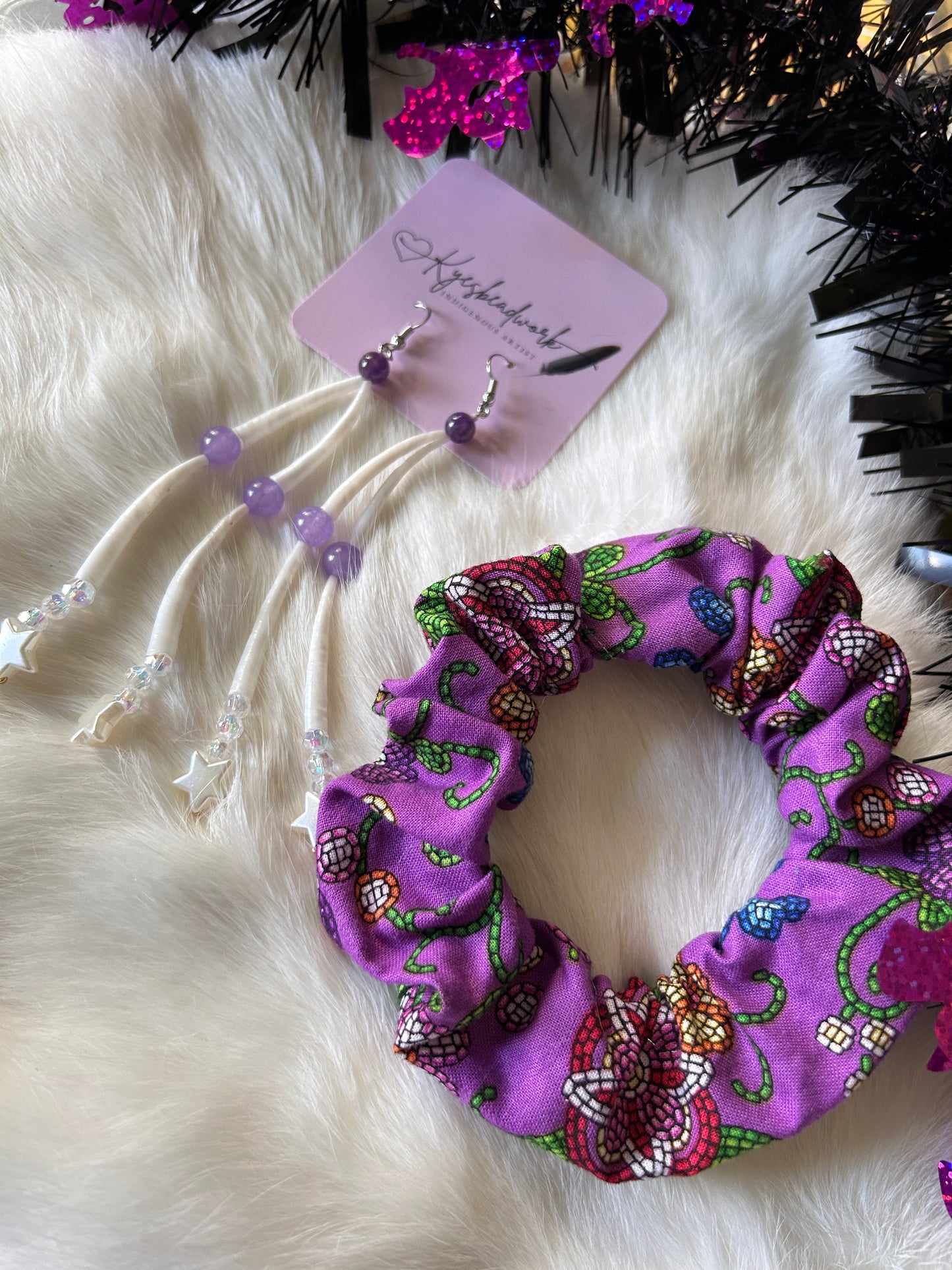 Purple Dentalium Shell Earrings With Scrunchie