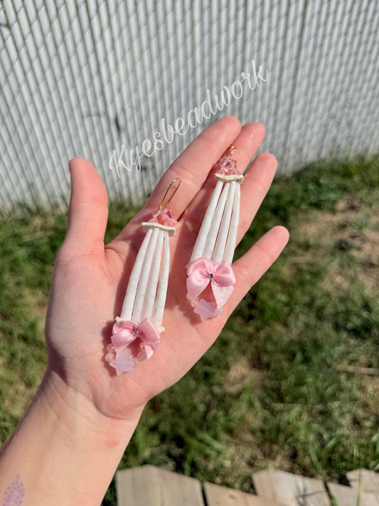 Pink Bow Dentalium Earrings