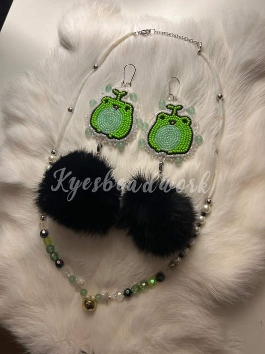 Frog Pom Earrings With Dentalium Necklace