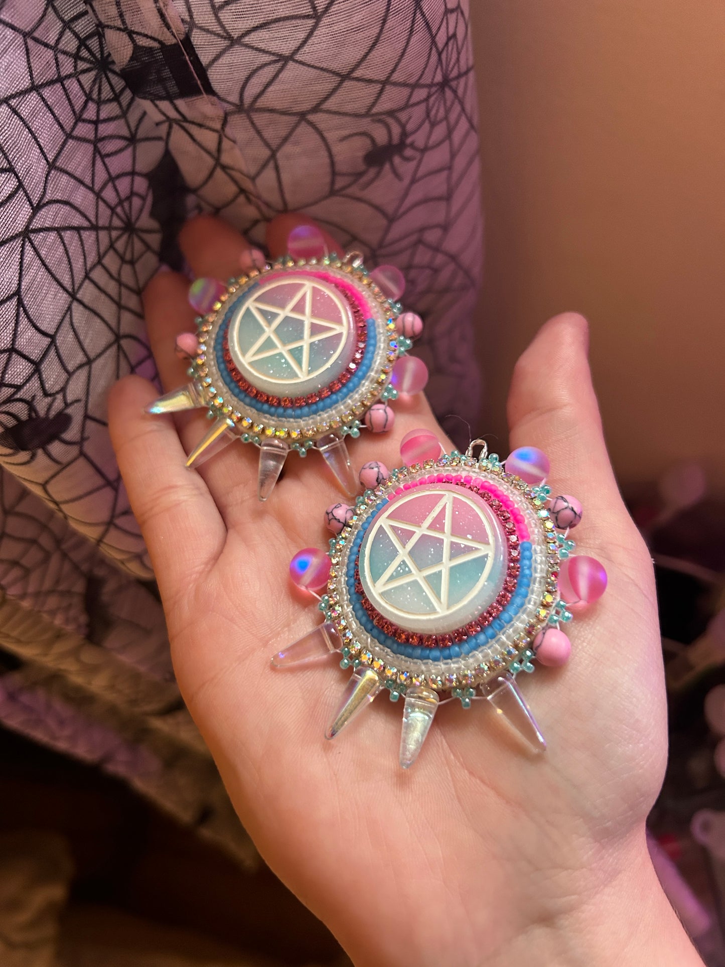 Pink & Blue Pentagon Beaded Earrings