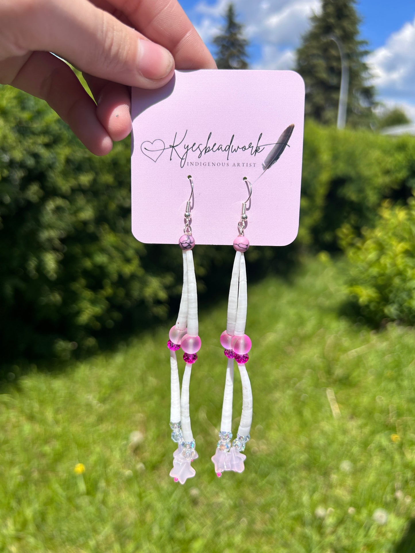 Pink Dentalium Shell Earrings With Scrunchie