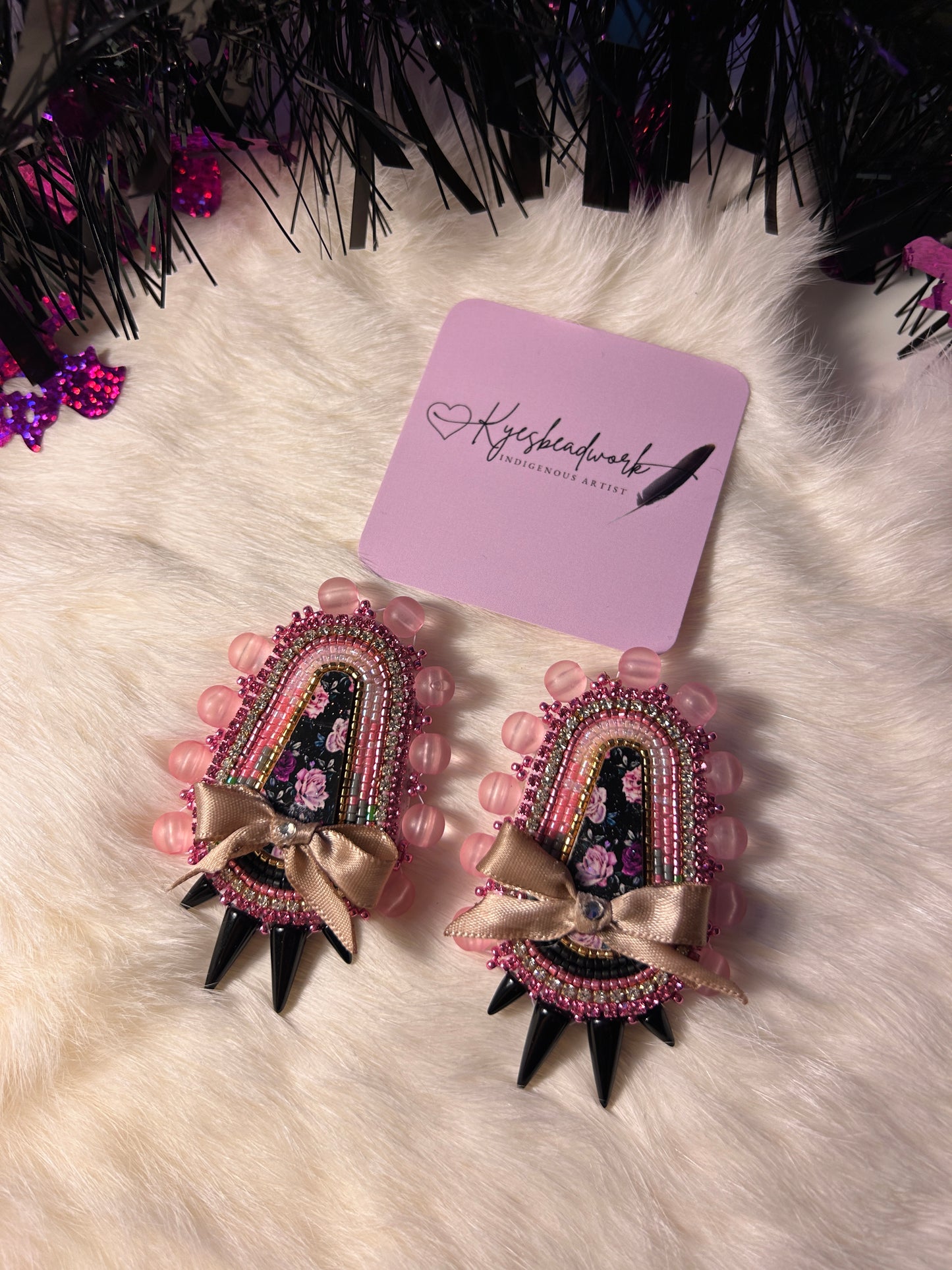 Pink Black Spiked Floral Earrings