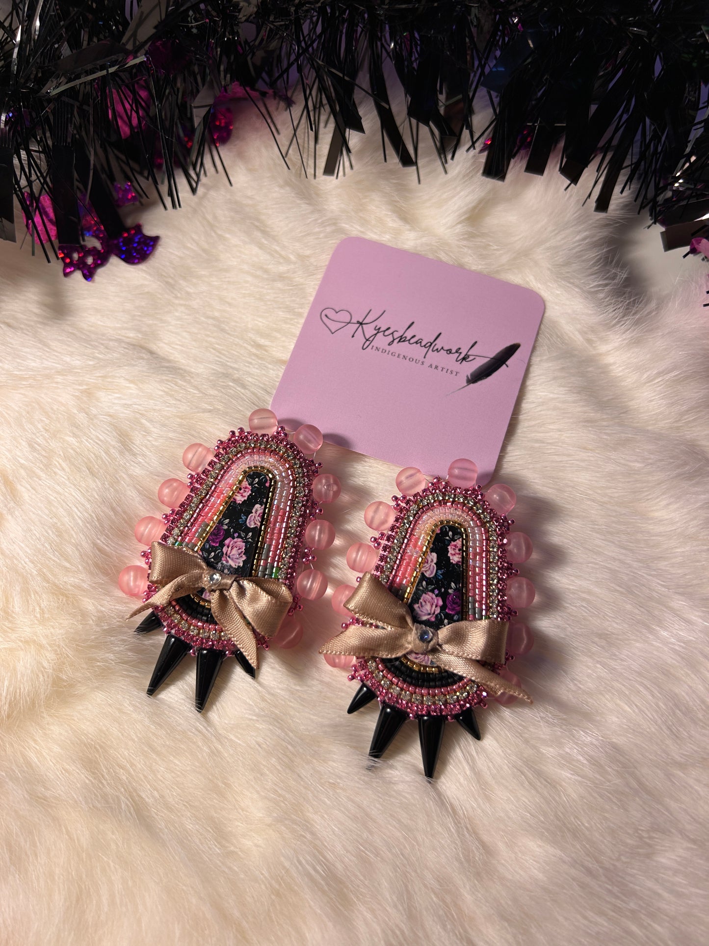 Pink Black Spiked Floral Earrings