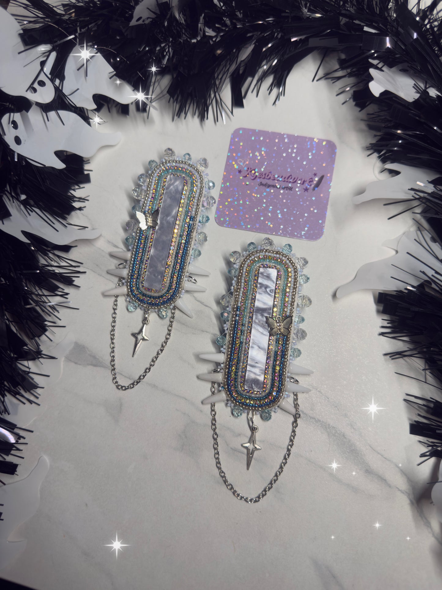 Icy Blue Spiked Earrings With Chains & Stars 🩵🕷️