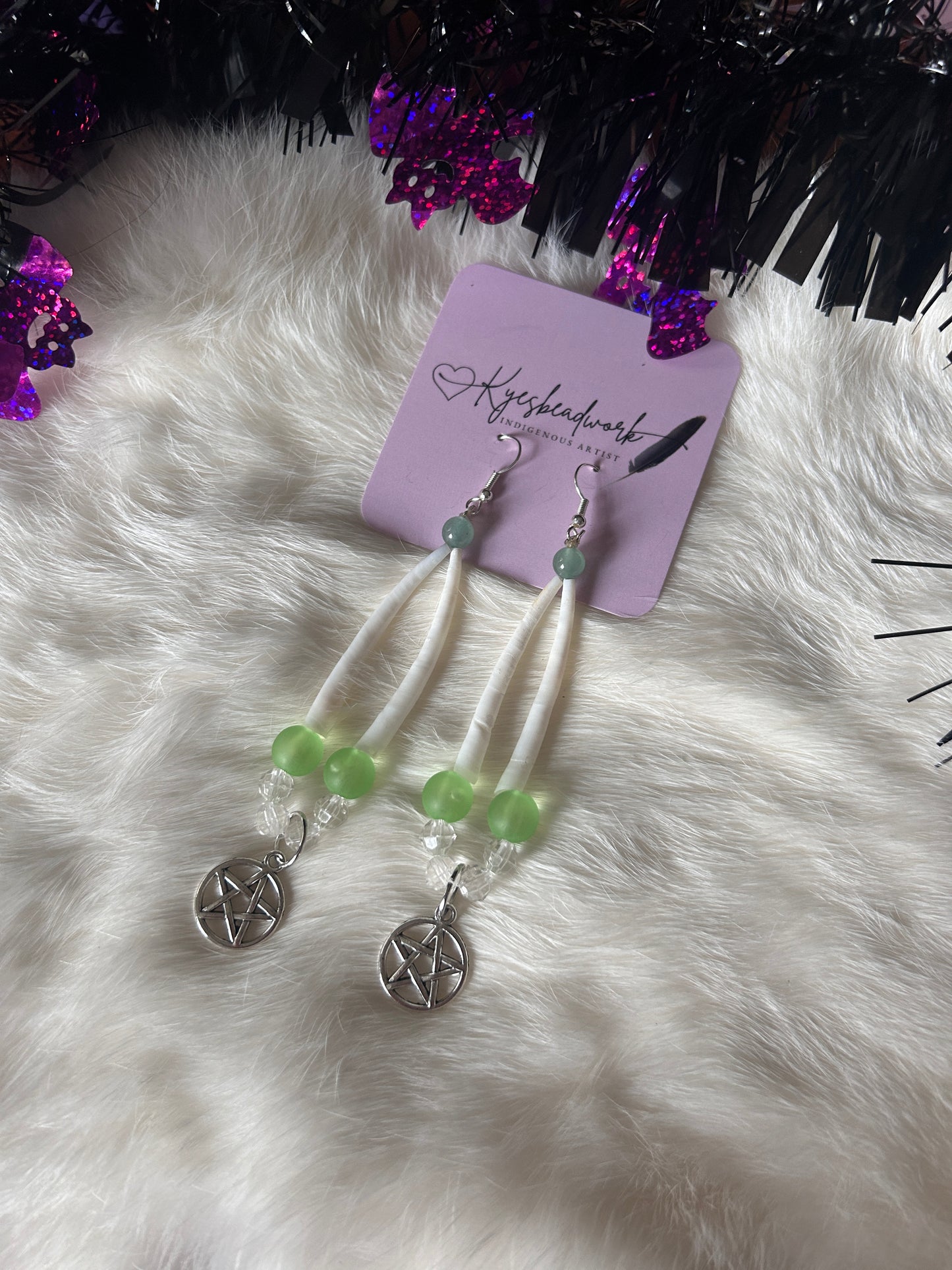 Green Pentagon Smooth Dentalium Earrings