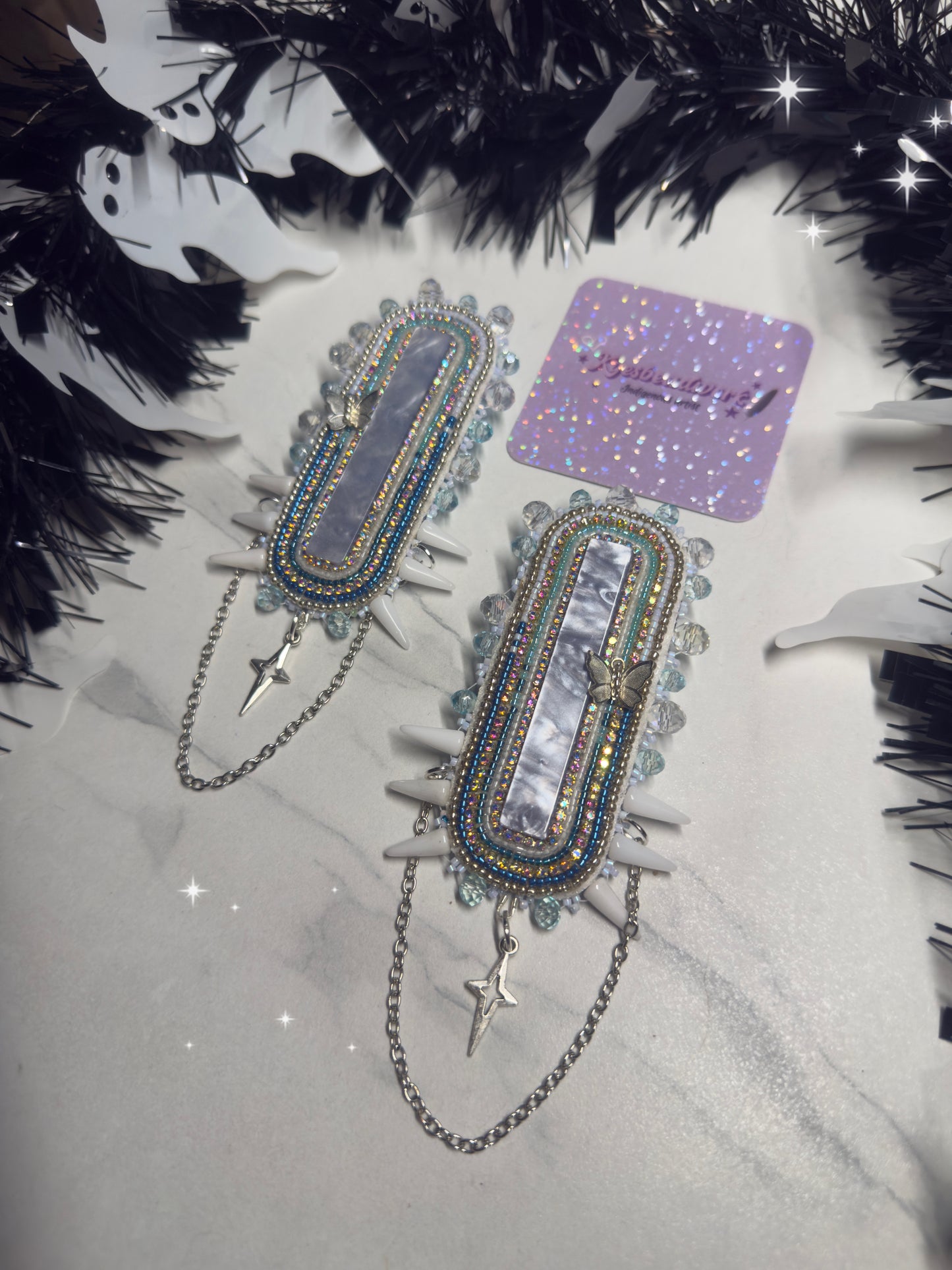 Icy Blue Spiked Earrings With Chains & Stars 🩵🕷️