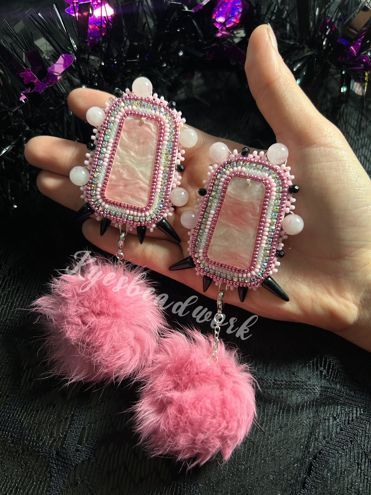 Pink Spiked Earrings With Poms