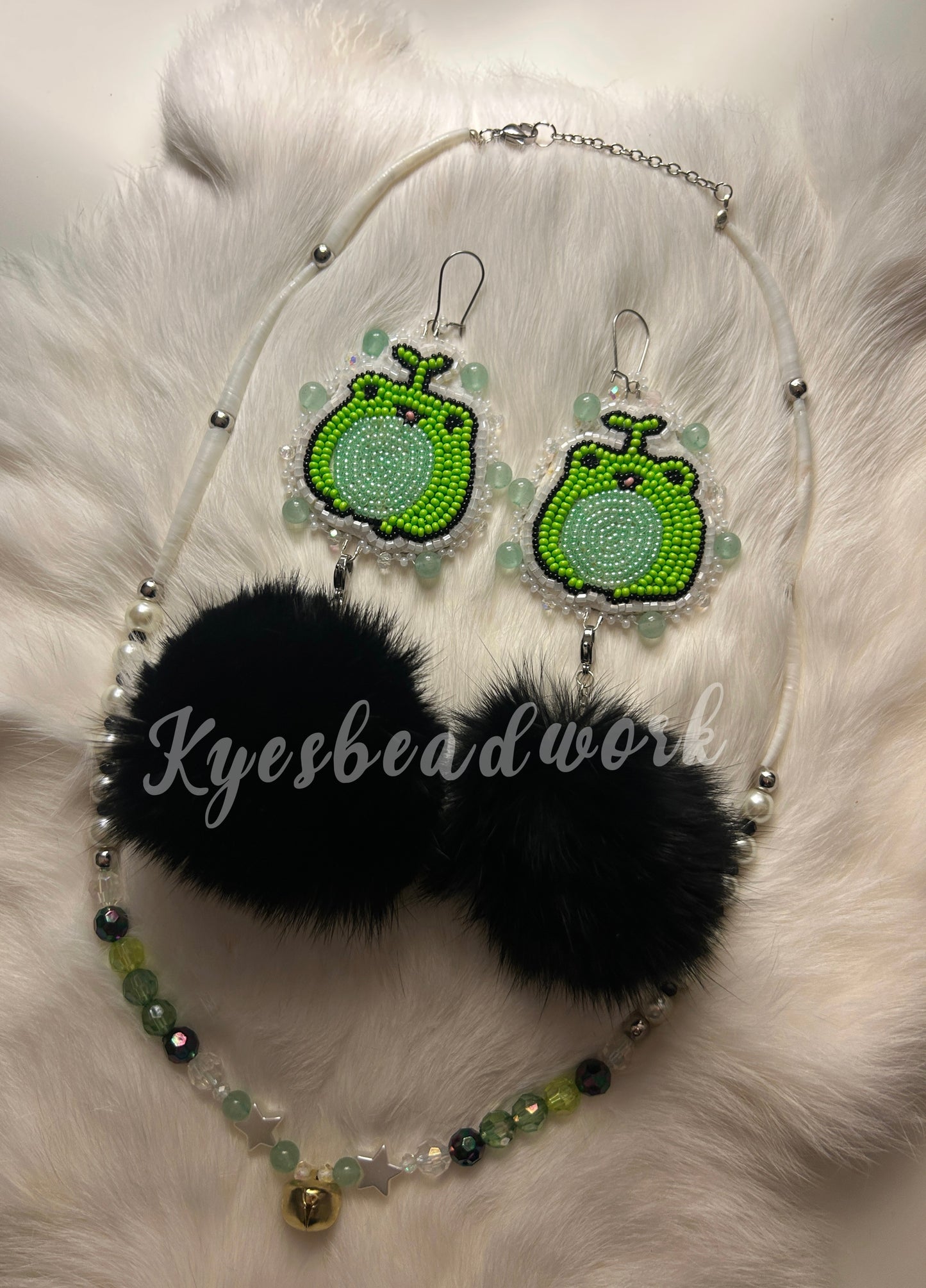 Frog Pom Earrings With Dentalium Necklace