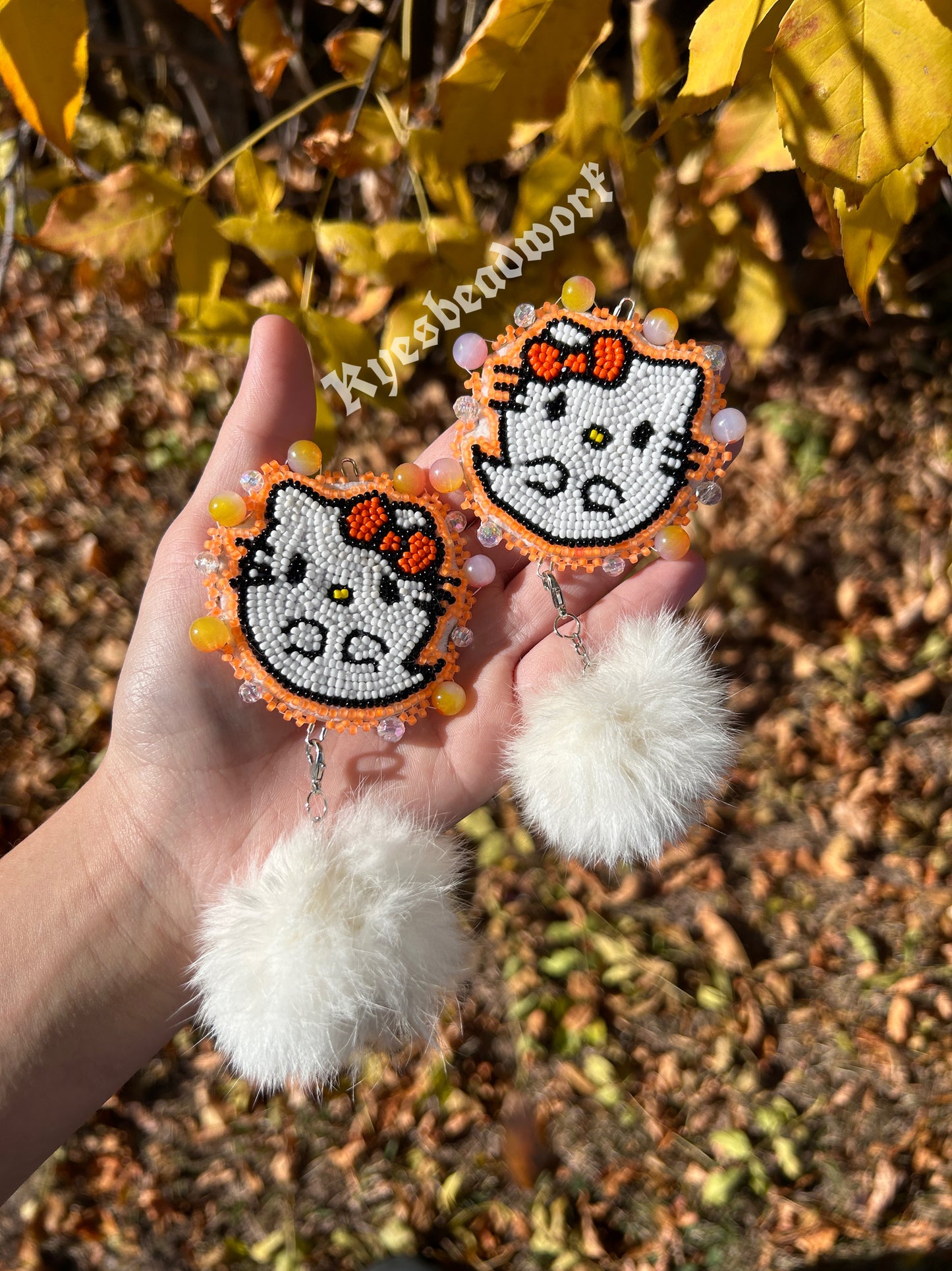 Ghost Hello Kitty Beaded Earrings With Rabbit Poms