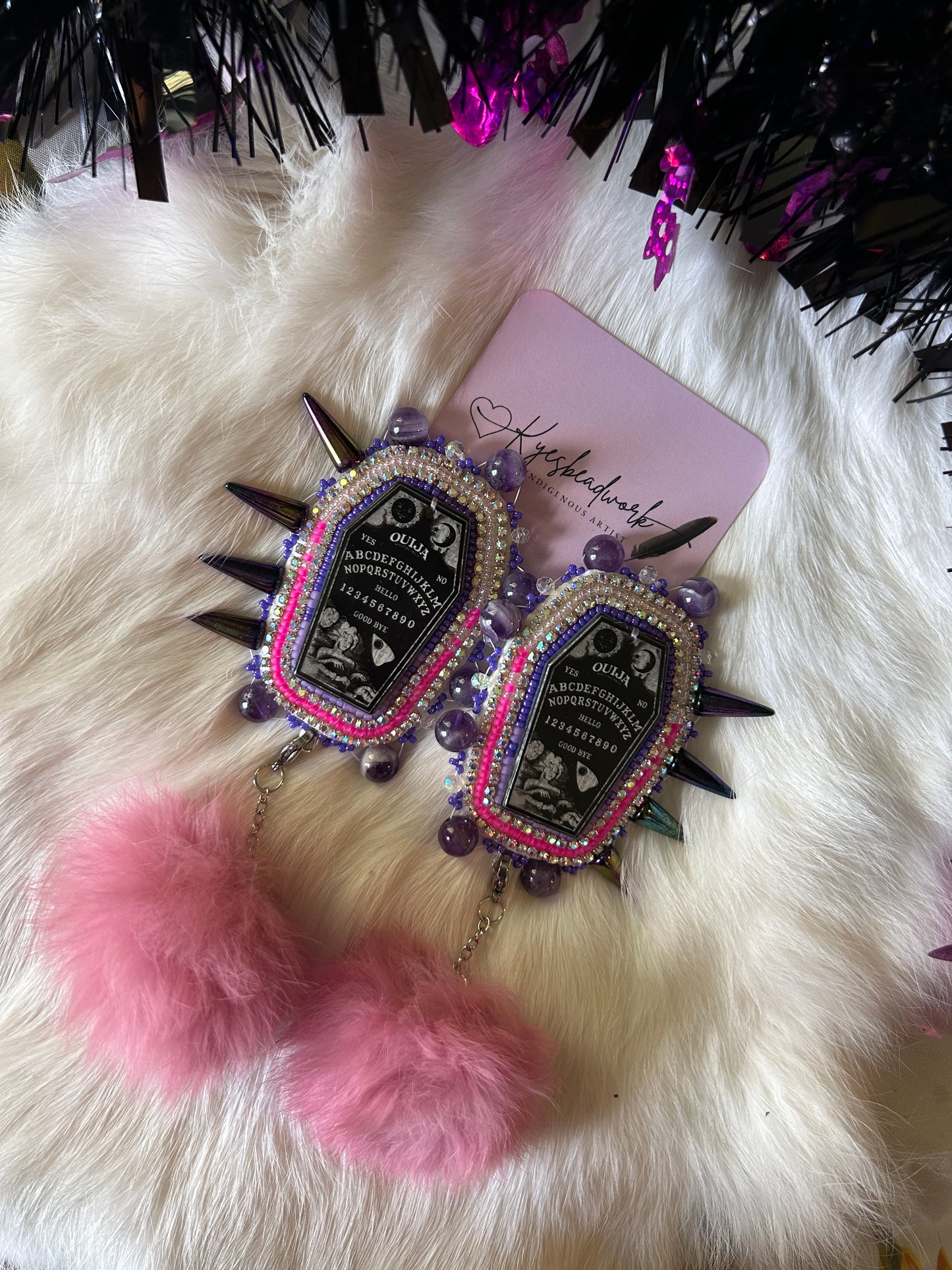 Ouija Spikes Coffin Earrings With Rabbit Fur Poms