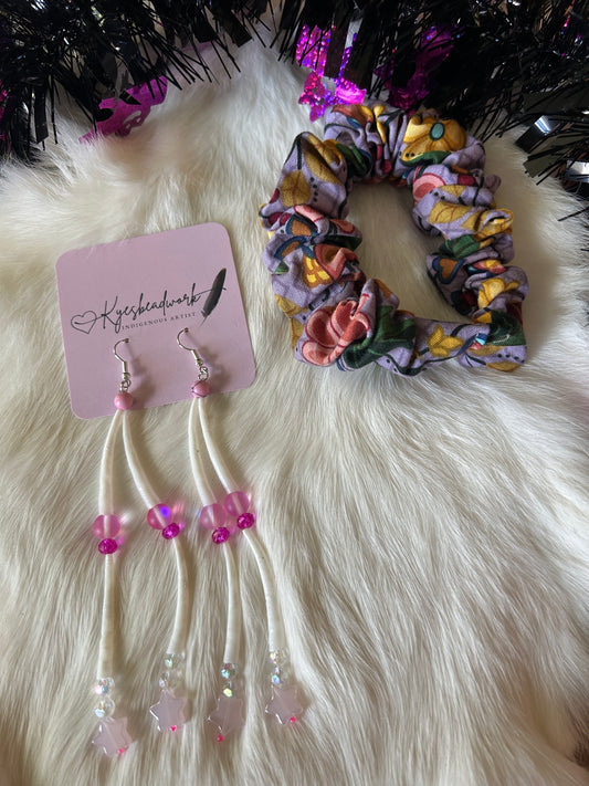 Pink Dentalium Shell Earrings With Scrunchie