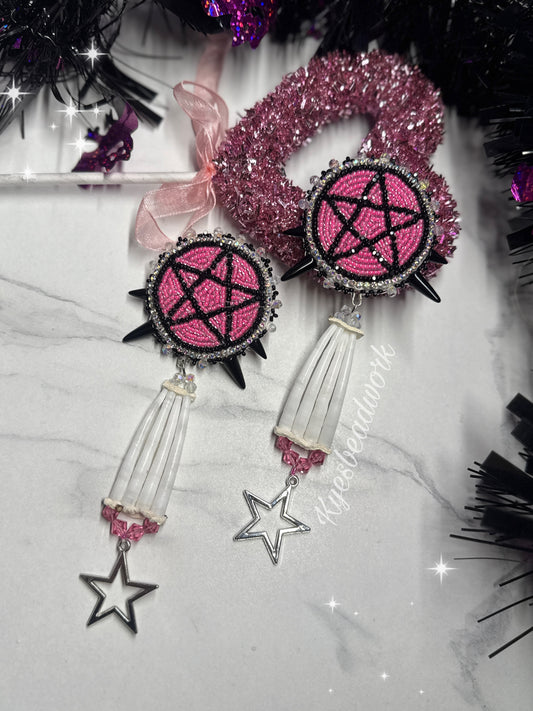 Pink Pentagon Beaded Earrings With Dentalium Drops