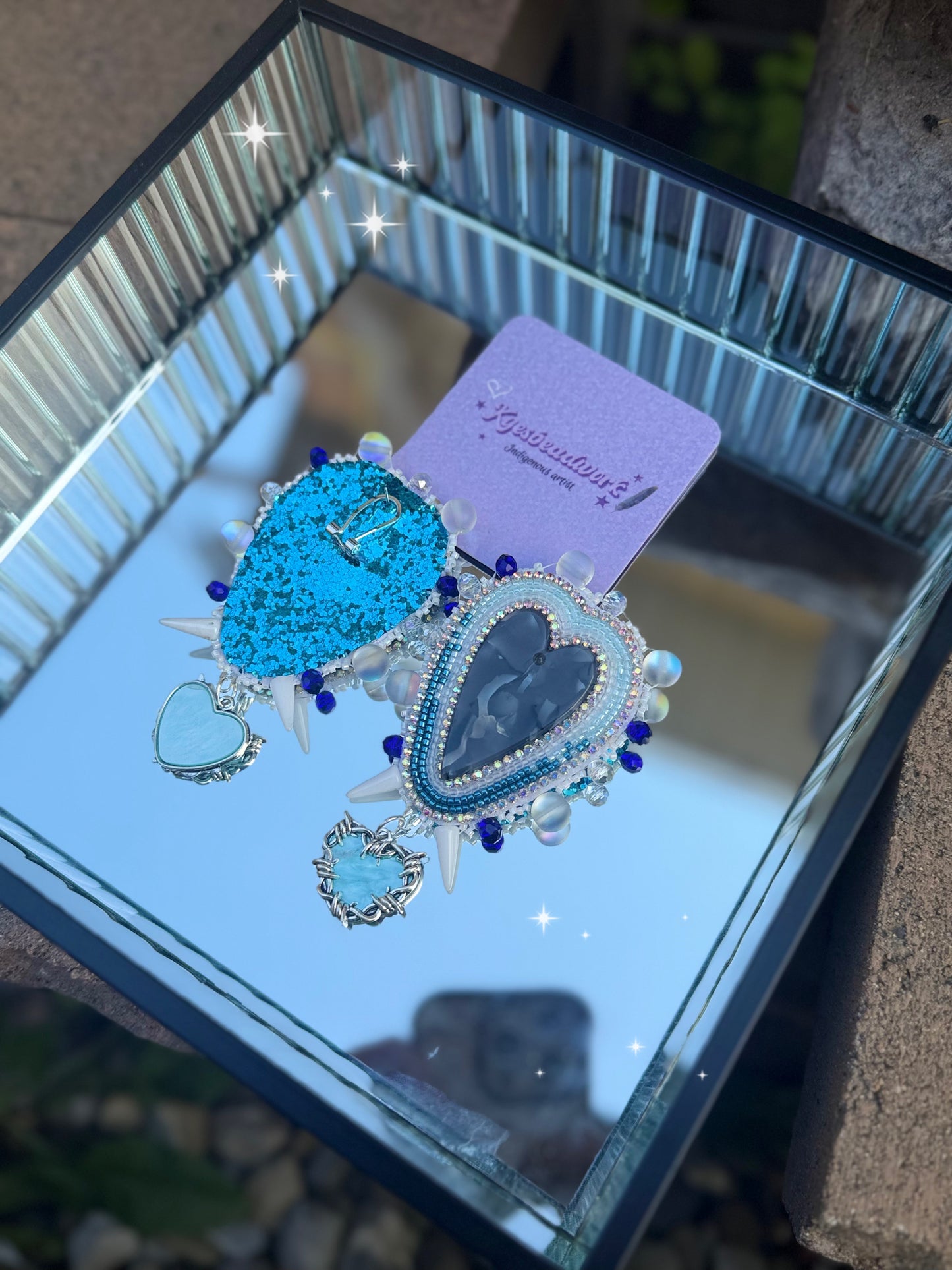 Blue Icy Marble Heart Spiked Earrings