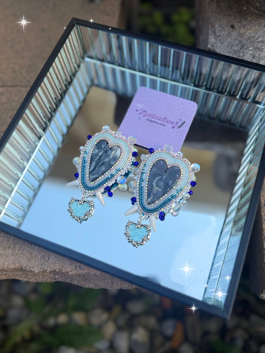 Blue Icy Marble Heart Spiked Earrings